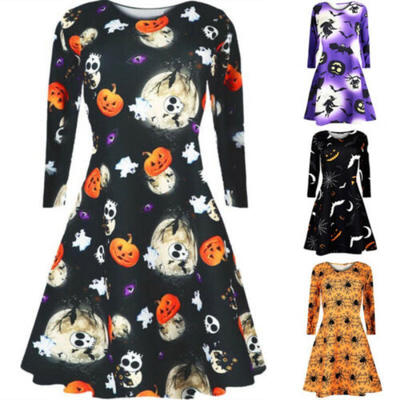 

Damen Halloween Kürbis Web Print ausgestellte Skater Phantasie Mini Swing Kleid