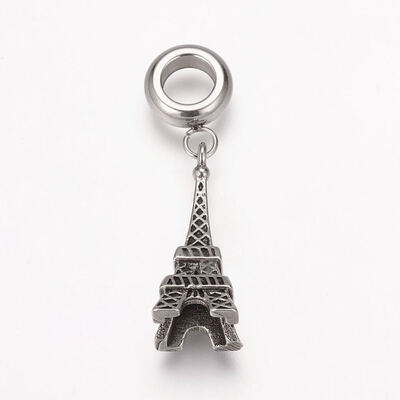 

304 Stainless Steel European Dangle Beads Large Hole Pendants Eiffel Tower Antique Silver 31mm Hole 5mm Pendant 21x7x7mm