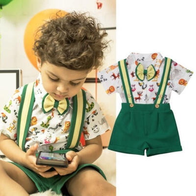 

Kids Baby Boys Clothes Set Cartoon Tops Tie T-shirt Overalls Straps Shorts Suspender Pants Gentleman Formal Suit Summer Outfit