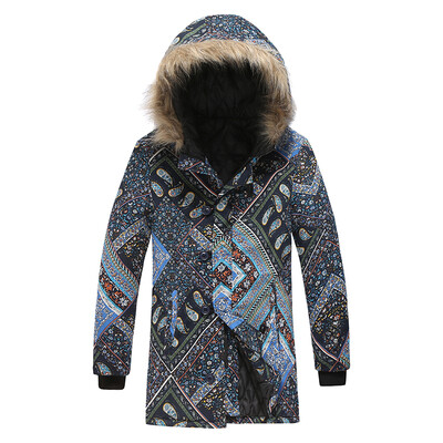 

Winter Mens Vintage Printed Jacket Warm Fur Collar Outerwear Hooded Coat Parka