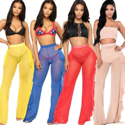 

Sexy Womens High Waist Sheer Flared Ruffle Mesh Beach Long Pants Casual Trouser