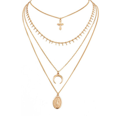 

HuaTang Trendy Gold Cross Moon Chain Pendant Necklace Multilayer Choker Necklace Jewellery Collar Bohemian Fashion Jewelry 6140
