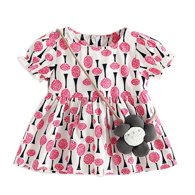 

4 Styles Baby Girls About Knee Solid Cartoon Top Dress Cotton Short Sleeves Printed Summer Baby Girls Beach Party Dress