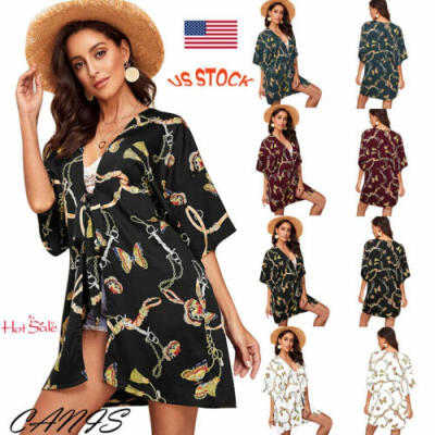 

Sexy Womens Tunic Kimono Cardigan Boho Beach Half Sleeve Tops Coat Floral Blouse