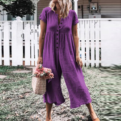 

Starmoon Women Fashion Casual Button Loose Solid Short Sleeve Playsuit Long Jumpsuits