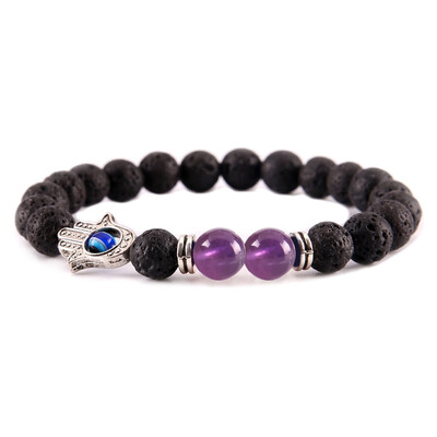 

Stylish Unisex Black Lava Stone Beads Bracelet Fatima Hand Evil Eye Bracelet Colorful Energy Yoga Chakra Bracelet