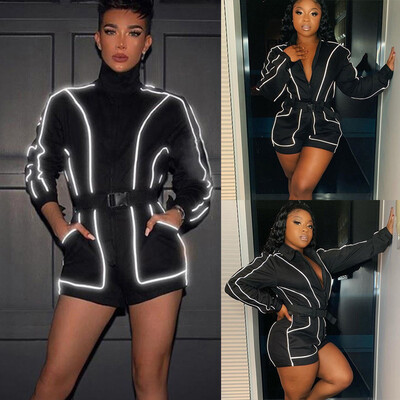 

Tailored Women Long Sleeve Reflective Strip Splice Pocket Waistband Zipper Pants Jumpsuit