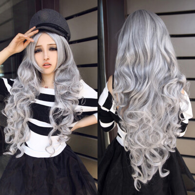 

〖Follure〗80CM Girl Grey Natural Party Wig Long Full Curly Hair Fashion Synthetic Wig