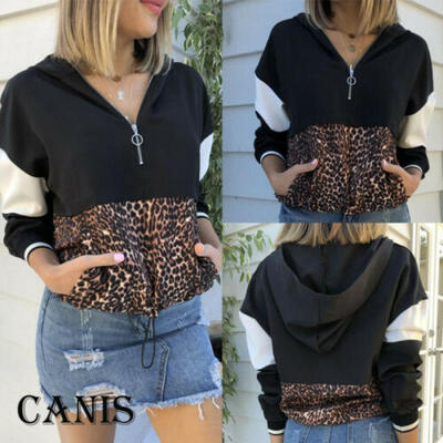 

Women Leopard Hoodie Ladies Hooded Zip Zipper Sweat Shirt Jacket Coat Sweater