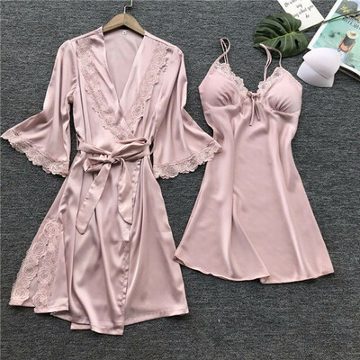 

3PCS Womens Silk Satin Nightie Gown Lingerie Sleepwear Pyjamas Set Robe Pants