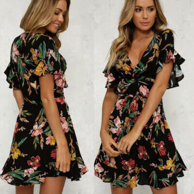 

Women Summer Boho Short Mini Dress Floral Printed V-Neck Beachwear Sundress AU