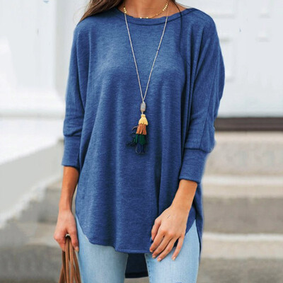 

Women Fashion Casual O-neck Seven-quarter sleeve Irregular hem Loose Solid color T-shirt