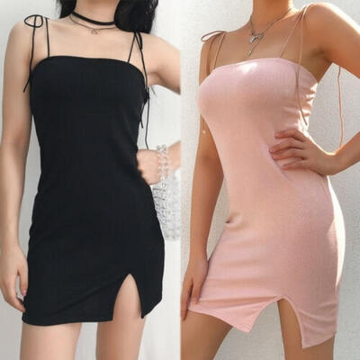 

Women Sexy Spaghetti Strap Dress Solid Color Mini Bodycon Slim Clubwear Party