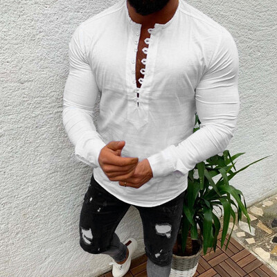 

Toponeto Mens Vintage Casual Pure Color Cotton Linen Long Sleeve Shirts Top Blouse