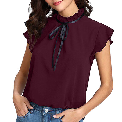 

Starmoon Womens Casual Cap Sleeve Bow Tie T-Shirt Solid Chiffon Blouse Tops
