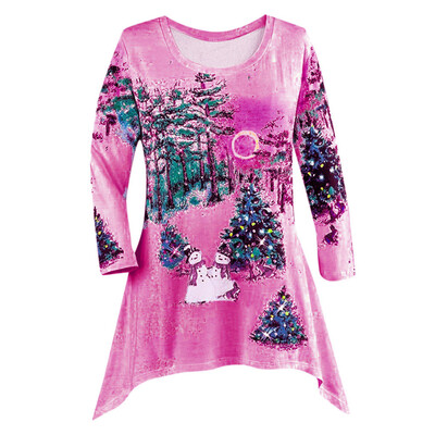 Tailored Womens Winter Festivel Christmas Long Sleeve Irregular Hem Blouse Top