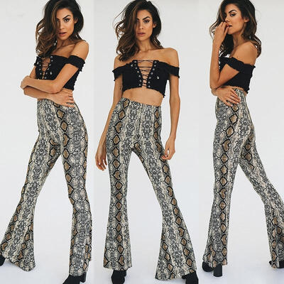 

Women&39s Unique Snake Skin Python Printed High Waist Stretchy Bell Bottoms Pant