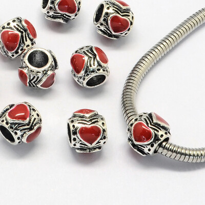 

Enamel Alloy European Beads Large Hole Beads Drum Antique Silver Red 9x8mm Hole 45mm