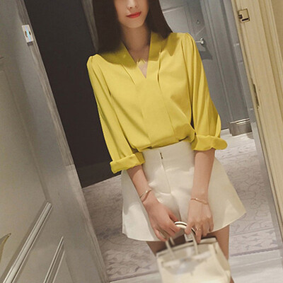 

Womens Casual Long Sleeve Loose Business Tops Ladies V Neck Solid Office Blouse