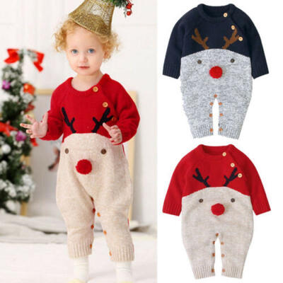

Baby Xmas Cute Deer Print Jumpsuit Newborn Boys Girls Knitwear Romper Jumpsuit