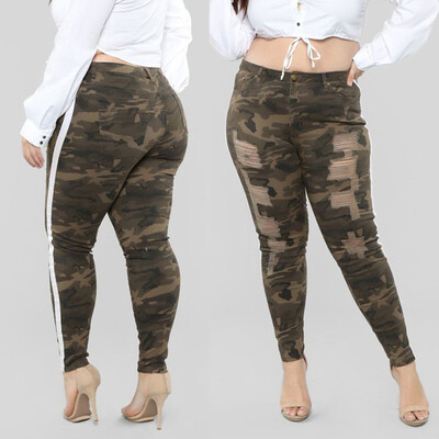 

Tailored Fashion Women Plus Size Hole Camouflage Printing Denim Stripe Splice Jeans Pants