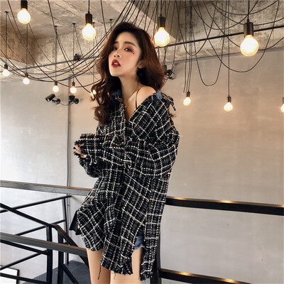

Retro plaid long shirt 2018 autumn new loose thin hem split thin coat women