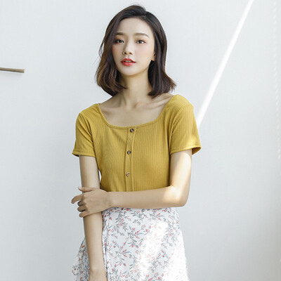 

Knit short sleeve square collar T-shirt Women Vintage O-neck Short sleeve Slim Fit t-shirt tight Summer Autumn Top Female