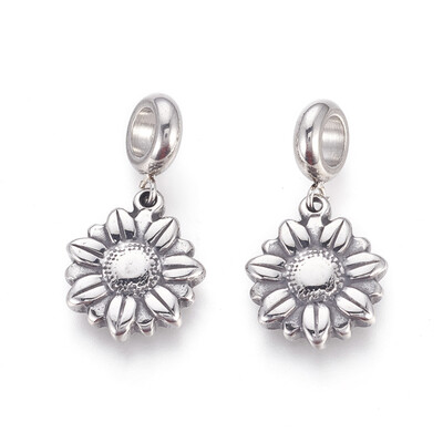 

304 Stainless Steel European Dangle Beads Large Hole Pendants Daisy Antique Silver 285mm Hole 5mm Pendant 175x15x3mm