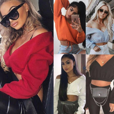 

US Stock Women Long Sleeve Deep-V Neck Top Off Shoulder Shirt Blouse Casual Tops