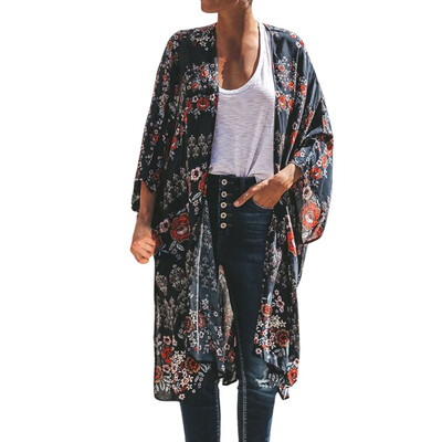 

Toponeto Womens Fashion Chiffon Autumn Winter Print Bats Sleeves Fashion Long Coat
