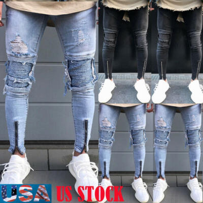 

Fashion Mens Ripped Skinny Jeans Destroyed Frayed Slim Fit Denim Pant Zipper