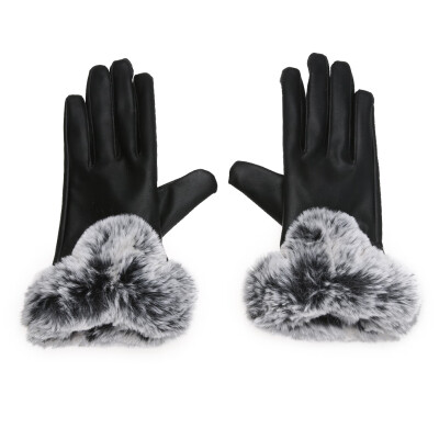 

Winter PU Leather Mittens Lady Elegant Female Rabbit Hair Gloves