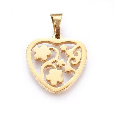 

304 Stainless Steel Pendants Heart with Flower Golden 255x24x2mm Hole 9x5mm