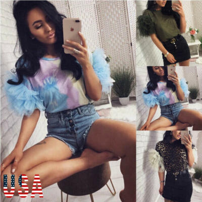

Women Summer Tulle Ruffle Short Sleeve T Shirt Ladies Casual Loose Blouse Tops