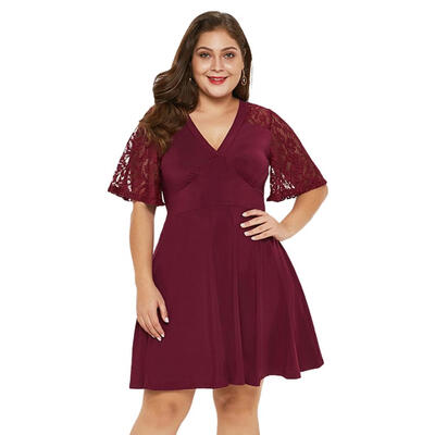 

Solid Color Dress V-neck Lace Short Sleeve Women Stretchable Swing Dresses