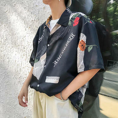 

Loose Rose Print Shirts Turn-Down Collar Shirt Summer Casual Short Sleeve Top For Men