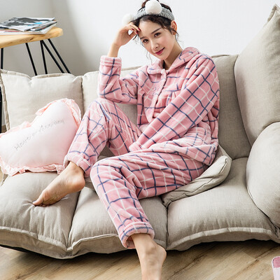 

Dings grate pajamas men&women Korean version of autumn&winter models couples flannel thickening plus velvet long-sleeved men&women warm home service suit J4889 rich blue L
