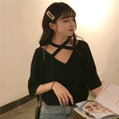 

Top Women Crisscross T Shirt 2019 Summer Fashion Bandage Sexy V Neck Casual Lady Female Brand T Shirt Lady T Shirt Solid Basic