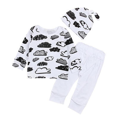 

3pcsset Baby Boys Cloud Print Long Sleeve Tops Cap Solid Pants Kid Clothes