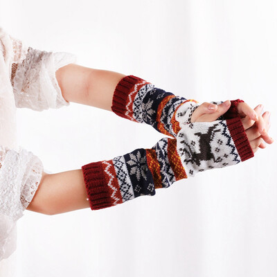 

New Fingerless Knitted Gloves Winter Warm Long Arm Warmer Mittens Xmas Deers