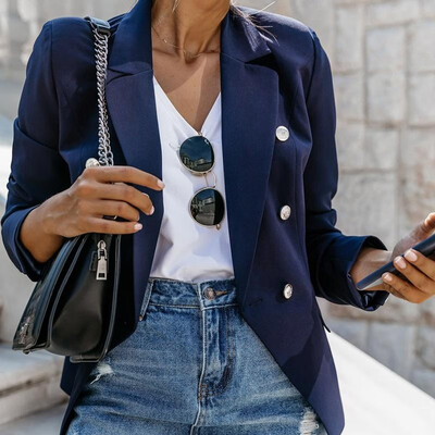 

Fashion Women Autumn Solid Color Suit Notched Collar Long Sleeve Double-breasted Casual Jacket Cardigan Outerwear