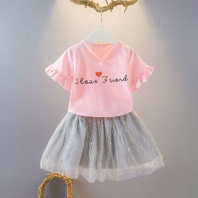

Children Girls Casual Summer Letter Print Short Sleeve T-shirtMesh Skirts Suits 2Pcs Costume Set