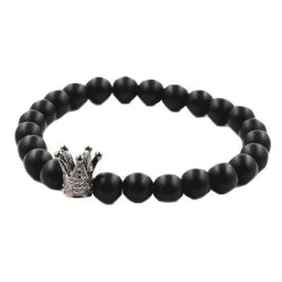 

New Fashion Women Men Matte Black Onyx Stone Yoga Bracelet Micro Pave Zircon Head Crown Bead Bracelet Jewelry Gifts