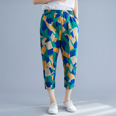 

Tailored Women Casual Cotton&Linen Print Trousers Loose Harem Pant