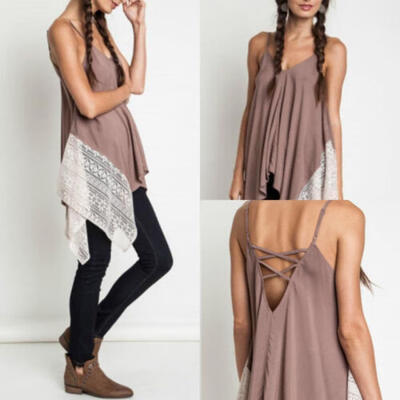 

Sexy Backless Summer Fashion Women Casual Sleeveless Lace Blouse T Shirt Tops UK