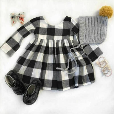 USA Baby Girl Toddler Princess Dress Party Pageant Plaid Warm Dresses Clothes