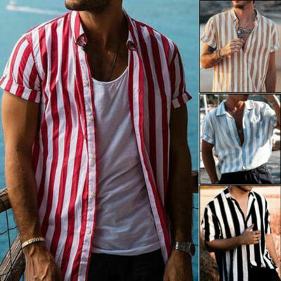 

Mens Short Sleeve V-Neck Striped Button Up Shirt Summer Casual T-Shirt Tee Tops