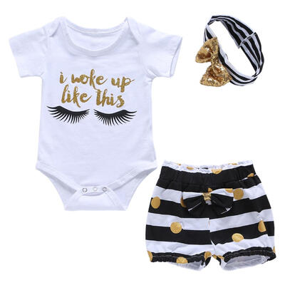 

3pcs Boys Girls Cute Eyelashes Short Sleeve Kid Romper Set Shorts Headband