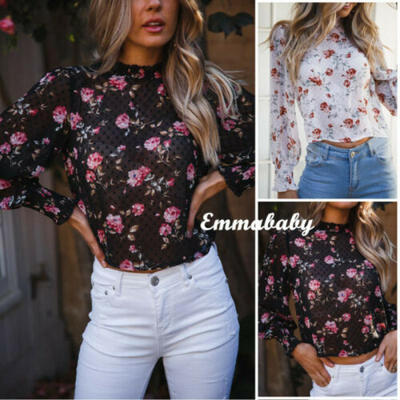 

Womens Sheer Mesh Crop Top Ladies Floral Long Sleeve Crew Neck Stretchy T-Shirt