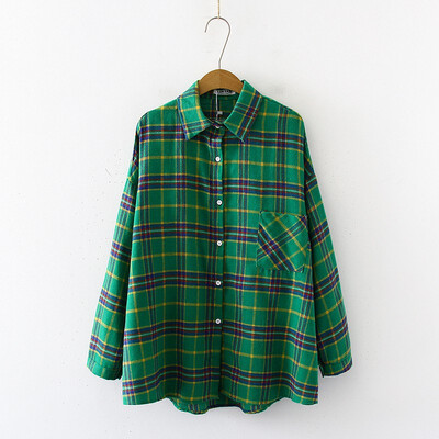 

Women Plaid Shirts Oversize Single Breasted Autumn Long Sleeve Korean Blouse Female Loose Trendy Retro BF Tops